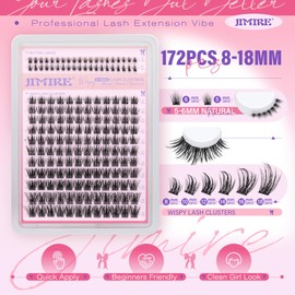 JIMIRE Lash Clusters Wispy Lash Extension Natural Lashes Individual Cluster 8-18MM D Curly Fluffy Cluster Lashes with Bottom Individual Eyelashes 172Pcs DIY at Home