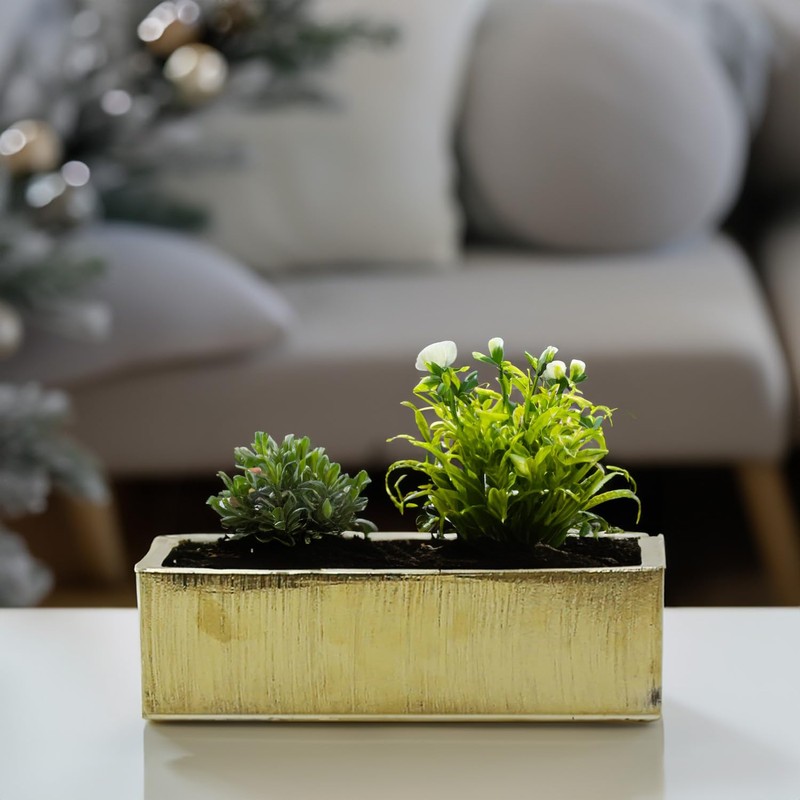 WGVI Long Rectangle Ceramic Planter Vase in Gold Etched 14"