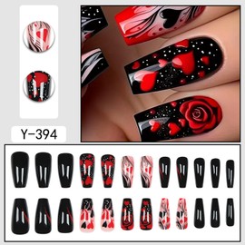 Black Red Heart Press on Nails Valentine's Day Fake Nails, Medium Coffin Press on Nails French Tip False Nails Full Cover with Heart Design Medium Stick on Nails for Women Nail Art Decorations 24Pcs