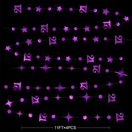Purple Number 21 Circle Dot Twinkle Star Garland Metallic Hanging Streamer Bunting Banner Backdrop Decoration for Girls Boys 21st Birthday Finally Legal Twenty One Anniversary Wedding Party Supplies