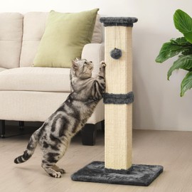 Keygarzone Indoor Cat Scratching Post: 32 in Tall Cat Scratcher with Natural Sisal Rope, Kitty Pet Tower with Sturdy Wood Base and Hanging Ball Toy, Great Gift for Small and Large Kittens, Grey