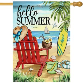 Covido Hello Summer Beach Red Chair Decorative House Flag, Tropical Hawaii Palm Leaves Coastal Garden Yard Outside Decorations, Nautical Surfboard Hat Outdoor Large Home Decor Double Sided 28 x 40