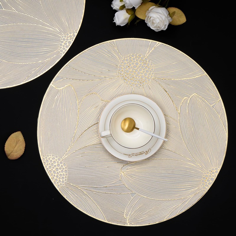 Evevda Gold Vinyl Placemats Set of 6 Flower Placemats Round