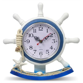 BANBERRY DESIGNS Nautical Beach Clock - Boat Steering Helm with Starfish, Rope, and Seashell Accents - Ocean Beach House - Lake Cabin Decoration - 8.5" W X 8.75" H