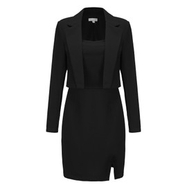 EXLURA Women's Long Sleeve Blazer Jacket Suit Sets with Split Mini Dress Work Business Office Two Piece Outfits, Black, Large
