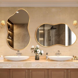 Dorlicecass Irregular Wall Mirror - Wall Mirrors Decorative 20"x36" Gold Asymmetrical Mirror Tempered Glass Aviation Aluminum Alloy Frame for Bathroom, Bedroom, Living Room, Cloakroom, Entryway