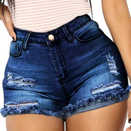 vanberfia Women's High Waist Denim Jean Raw Hem Ripped Shorts with Pockets (JS2018211, L)