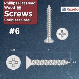 Kozelo 20pcs Phillips Flat Head Wood Screws - [#6x1"] 304 Stainless Steel Countersunk Self Tapping Screws for Furniture Assembly, Interior Trim, Outdoor Construction, Silver