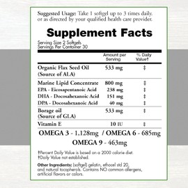 Mezcla natural de Omega 3-6-9 con DPA, EPA, DHA, ALA y GLA, además de aceite de linaza orgánico y aceite de pescado natural silvestre (con más de 2800 miligramos de potencia).