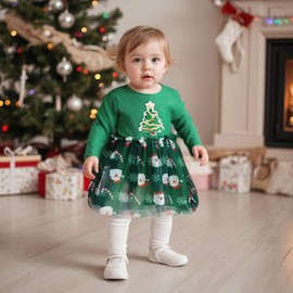 Toddler Baby Girl Clothes Christmas Dress Sequin Santa Claus Crew Neck Long Sleeves Tulle Patchwork A Line Dress (A Green, 12-18 Months)