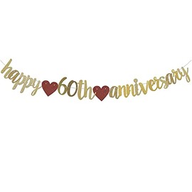 Happy 60TH Anniversary Banner Sign Gold Paper Glitter Party Decorations for 60TH Wedding Anniversary Party Supplies Letters Gold QWLQIAO