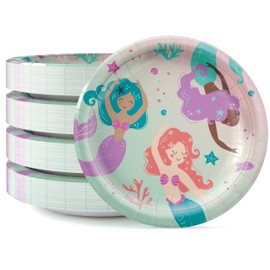 Party Solids Mermaid Party Plates Paper Heavy Duty 7 Inch Mermaid Plates Disposable 96 Pcs 350 GSM, Girls Party Decorations For Girls Birthday Supplies