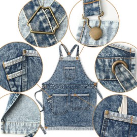 Jeanerlor - Denim Work Women's Apron with Convenient Pockets - Jean Apron for Hairstylist Cross Straps & Adjustable S to M (Denim Blue)