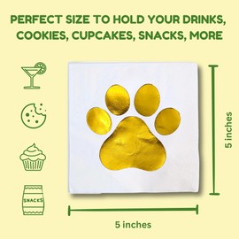 Dog Party Decorations, Paw Print Napkins, 50 Pack, Puppy Birthday Supplies, Pet Paper Cocktail Napkin, Gold Foil Decor
