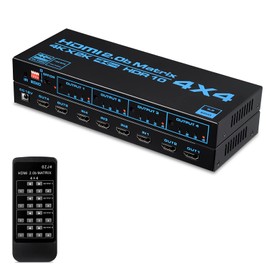 4K @ 60Hz HDMI Matrix Switch 4x4, EDID, 4 in 4 Output HDMI Switcher Splitter Audio Video Distributor Selector Box, Support IR Remote, HDR, HDMI 2.0b, HDCP 2.2, 3D, 18Gbps, YUV 4:4:4