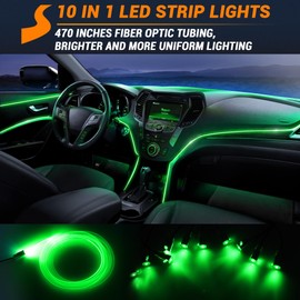 SS VISION Interior Car LED Strip Lights 470 inches Fiber Optic tubing USB Powered RGB 10 in 1 Car Neon with Wireless APP and Remote Control, Ambient Lighting Kits 16 Million Colors,Sync to Music