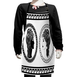 Ambesonne Retro Apron, Roman Aristocrat Woman Profiles Circular Classical Frames Hairstyle Beauty, Small Apron Bib with Adjustable Ties for Baking Painting, Small Size, Black White