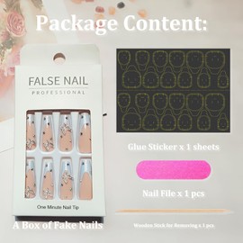 24 Pcs French Tip Press on Nails Long Coffin Fake Nails with Butterfly Design Butterfly Nail Charms Design Acrylic Nails Supply White French Tip False Nails Stick on Nails for Women Girls