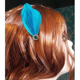 Bridal Bridesmaid Feather Hair Grip Prong, Aqua Blue and Gem Hair Piece