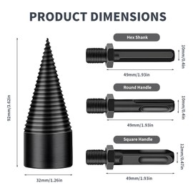Wood Splitter Drill Bit 32 mm with 3 Pieces Drill Handles, Festberg Drill Bit Wood Splitter Original, Wood Splitter Drill, Cone Splitter Drill, Drill Cone Wood Splitter for Wood Cone Spl