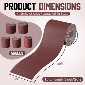 Dimsile 5 Rolls 3" Wide Emery Cloth Roll Abrasive Sandpaper Assortment Pack 80 150 240 320 400 Grits Sandpaper Rolls for Metal Wood Polishing, Each Roll 20 Feet