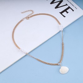 Inilbran Boho Shell Pearl Choker Necklace Natural Beach Shell Necklace Vintage Scallop Pendant Necklace Gold Embroidery Pearl Necklace Jewellery for Women and Girls