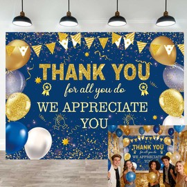 XCKALI Blue Golden Thank You for All You Do Backdrop Thank You We Appreciate You Party Decortion Thanks Employee Teacher Doctor Nurse Staff Photo Props(Blue, 7x5ft)