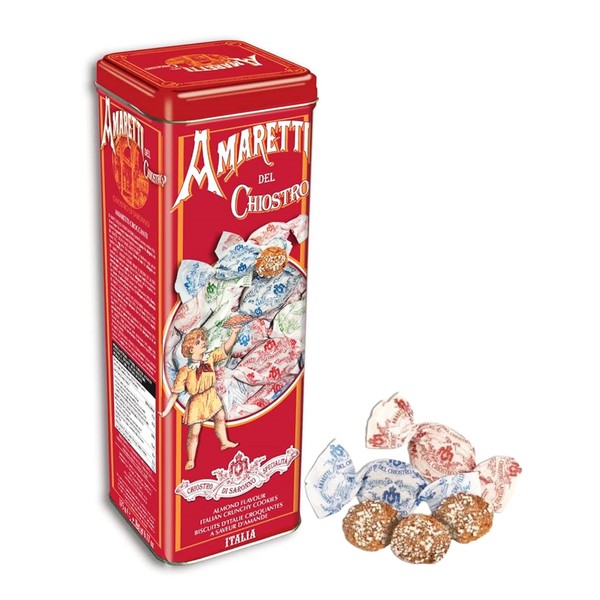Traditional Italian Crunchy Amaretti Del Chiostro Cookies with Sugar Granules in Red Tower Biscuit Tin - Gluten Free - 175g