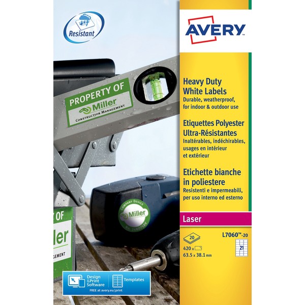 Avery Dennison Heavy Duty Labels Laser 21 per Sheet 63.5x38.1mm White Ref L7060-20 [420 Labels]