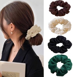 HAPVITAL Chou Chou Chiffon Chou Stylish Adult Hair Rope, Large, Solid Color, Hair Accessory, Extra Large, Hair Accessory, Elegant, Satin, Simple (Set of 4 Cotton Hair Bands)