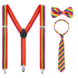3 Piece Rainbow Gay Pride Costume Set Include Suspenders, Bowtie and Necktie, Adjustable X Back Elastic Suspenders Unisex Rainbow Party Accessory