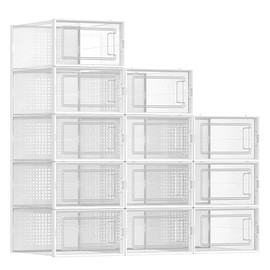 SONGMICS Cajas de Zapatos Plástico, Juego de 12 Organizadores de Almacenamiento para Zapatillas hasta talla 44, Transparente y Blanco MLSP12SWT       