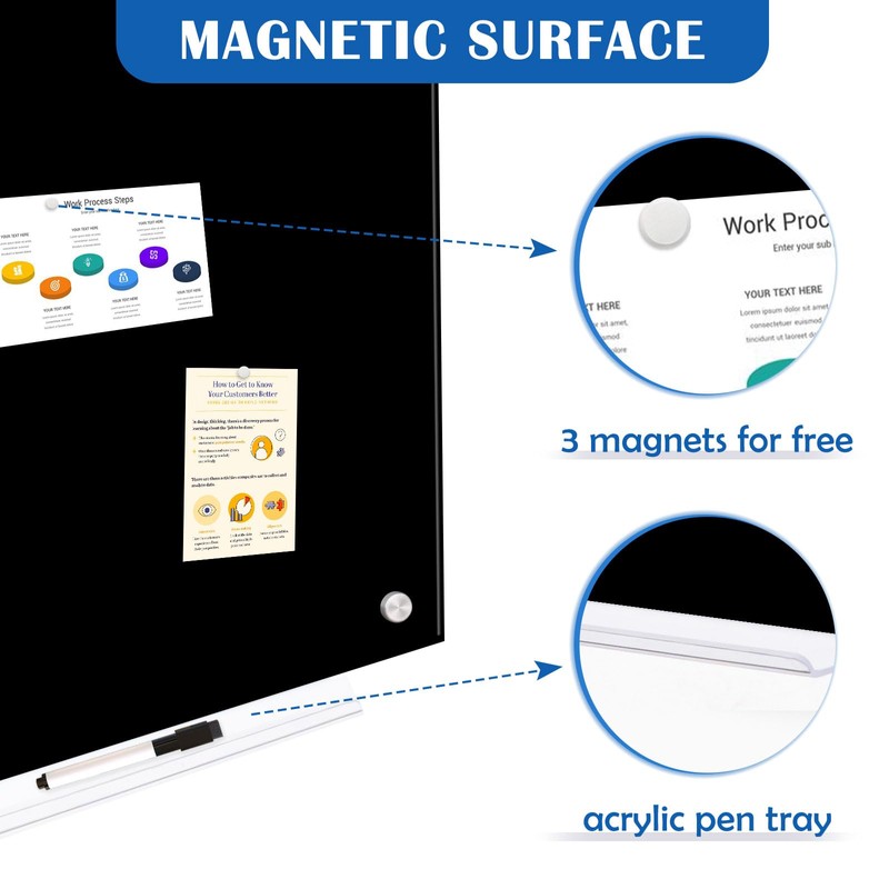 QUEENLINK Black Dry Erase Board, 36" x 24" Magnetic Glass