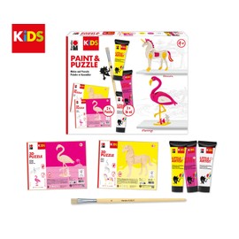 Marabu 0305000000111 KiDS Little Artist Set Flamingo & Unicorn, Painting and Puzzle Box with 2 Animal Figures, 3 x 36 ml Paint, Vegan, Medium