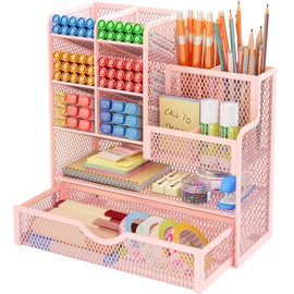 VITVITI Mesh Desk Organizer with Drawer Desk Tidy Desktop Stationary Organiser Desk Tidy Organiser Storage Multifunctional Metal Mesh Pen Pencil Holder Pen Pot Desk Home School Office Accessories