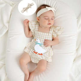 Xnqiwq Baby Girl Summer Romper Goose Outfit Newborn Ruffle Overalls Sleevless Plaid Bodysuit Headband Infant Farm Clothes (Khaki, 6-12 Months)