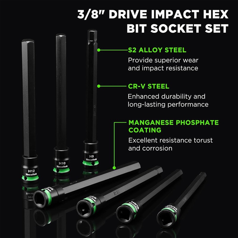 3/8" Drive Long Impact Hex Bit Socket Set, Allen Bit