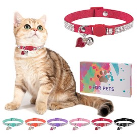 DILLYBUD Rhinestone Cat Collar Breakaway with Bell, Diamond Cat Collar with Safety Buckle Quick Release for Girl Boy Small Kitten Pets Puppy,Cute Soft Female Male Cat Collars, Color Red 8-12"