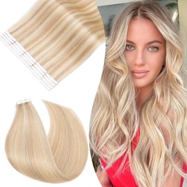 Rich Choices Tape Hair Extensions Real Human Hair 10 pcs Straight Remy Hair Invisible Tape Extensions #18/613 Ash Blonde mix Bleach Blonde Seamless Silky Weft 16 Inch 25g