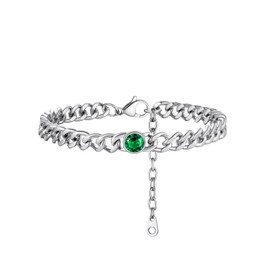 FOCALOOK Cuban Ankle Bracelets for Women Stainless Steel Silver Adjustable Anklet Crystal Ankle Chain May Birthstone Jewelry Synthetic-Emerald Feet Bracelet Cubic Zirconia Party Anklets