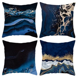 HOSTECCO Navy Blue Throw Pillow Covers 45x45 cm Pack of 4 Blue and Gold Decorative Pillow Cases Abstract Marble Cushion Covers for Sofa Couch