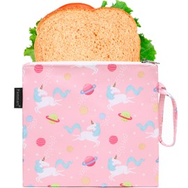Reusable Sandwich Bag/Snack Bag for Kids & Adults, Dual Layer Lunch Bag with Handle, Washable, Food Safe, BPA Free (1-Pack, Planet Unicorn)