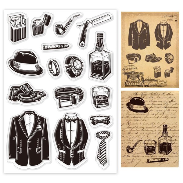 GLOBLELAND Vintage Gentlemen's Clothe Clear Stamps for Cards Making Suit Bow Tie Top Hat Silicone Clear Stamp Seals Transparent Stamps for DIY Scrapbooking Photo Album Journal Home Decoration