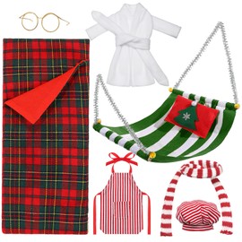 8 Pcs Christmas Elf Doll Accessories Set with Christmas Sleeping Bag, Bathrobe, Apron and Chef Hat, Scarf, Glasses, Christmas Elf Hammock Xmas Accessory for Doll Decorations (Vivid Style)