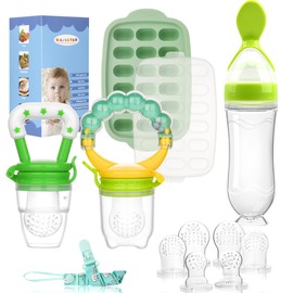 Alimentador de alimentos para bebés (3 piezas) con chupetes de silicona (3 piezas), clip para chupete (1 pieza), juguetes de dentición para bebés (5 piezas+2 piezas), chupete para bebés (4 piezas), cucharas para bebés de primera etapa (5 piezas)