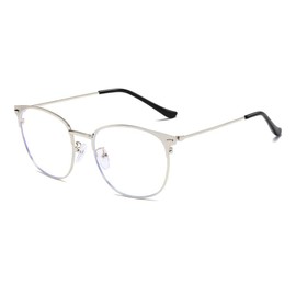 QECEPEI Retro Semi-rimless Round Blue Light Blocking Glasses Horn Rimmed Nerd Clear Lens Computer Gaming Eyeglasses Silver