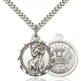 Bliss Sterling Silver Saint Christopher Navy Medal Pendant Necklace 24" Chain GiftBox