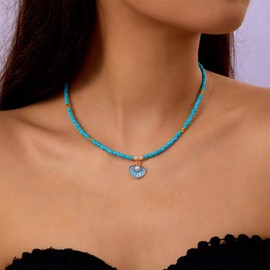 Shell Necklace for Women Boho Beaeds Choker Necklace Vintage Pearl Seashell Choker Summer Holiday Beach Accessories Jewelry (Blue)