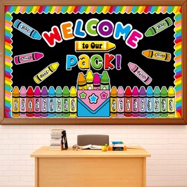 Justforjoyful Welcome to Our Pack Bulletin Board Decorations Back to School Crayon Theme Classroom Bulletin Board Border Set Colorful Crayons Name Tags for School Teacher Supplies Home Wall Decor