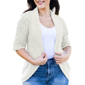 Loxdonz Women's Short Sleeve Crochet Knitted Bolero Shrug Cardigan Cropped Sweater, XX-Large, Cream
